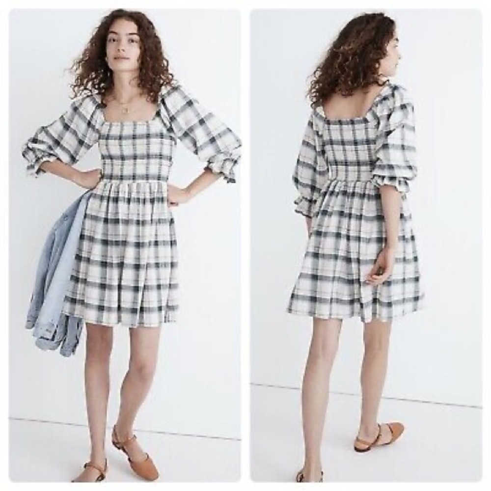 Madewell Black and White Smocked Sundress with Bishop Sleeves